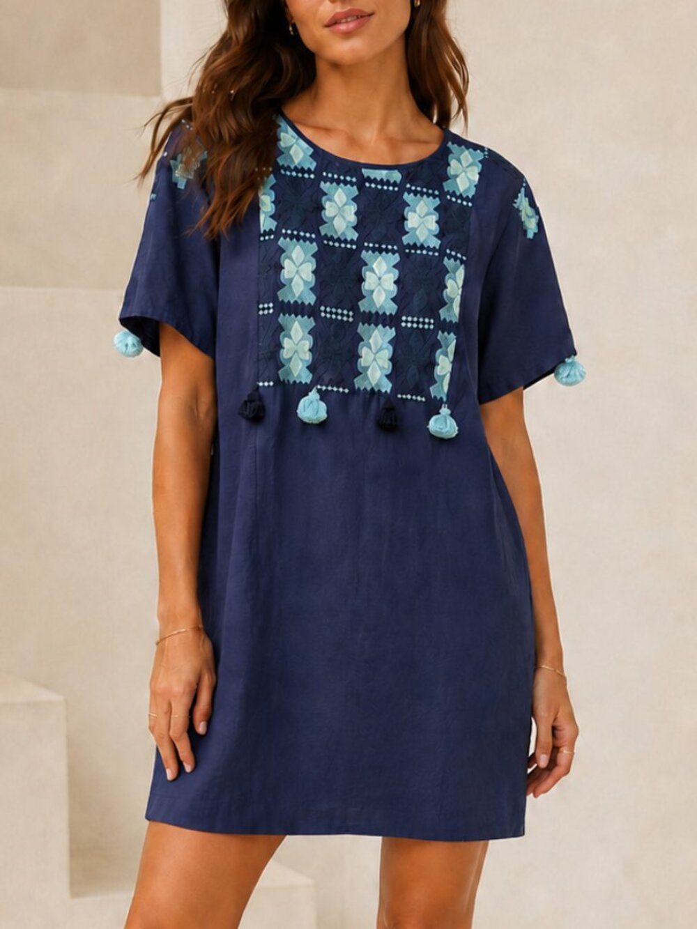 Figue Navy Cotton Embroidered Shift Dress Size M